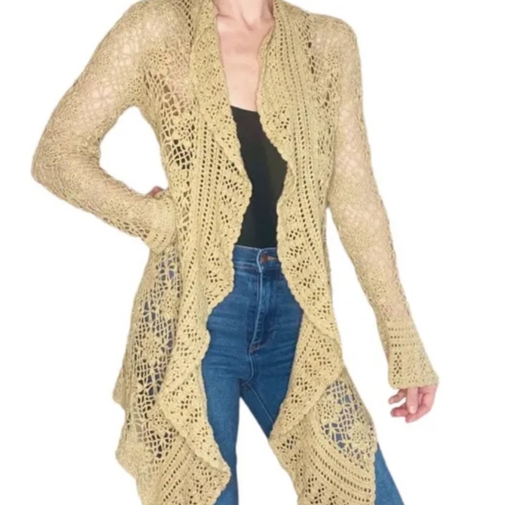 Karen Kane Beige Openwork Crochet Long Cardigan